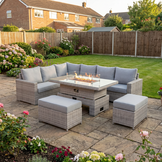 Corner Rattan Garden Dining Set with Rising Firepit Table