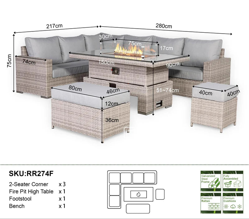 Corner Rattan Garden Dining Set with Rising Firepit Table