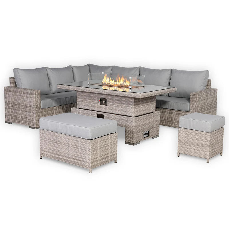 Corner Rattan Garden Dining Set with Rising Firepit Table