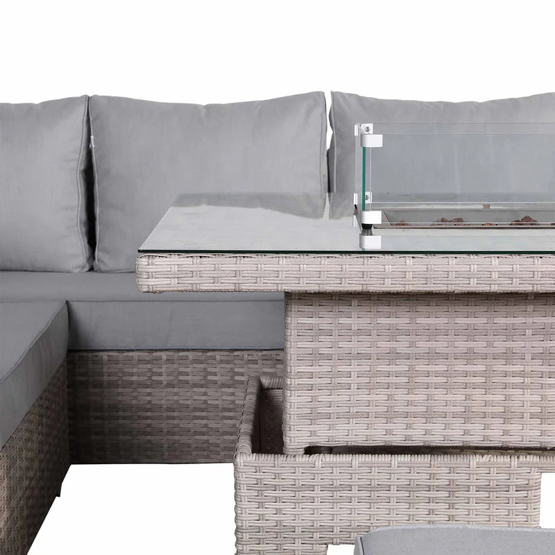 Corner Rattan Garden Dining Set with Rising Firepit Table