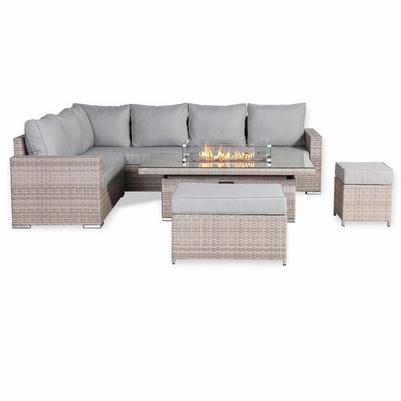 Corner Rattan Garden Dining Set with Rising Firepit Table
