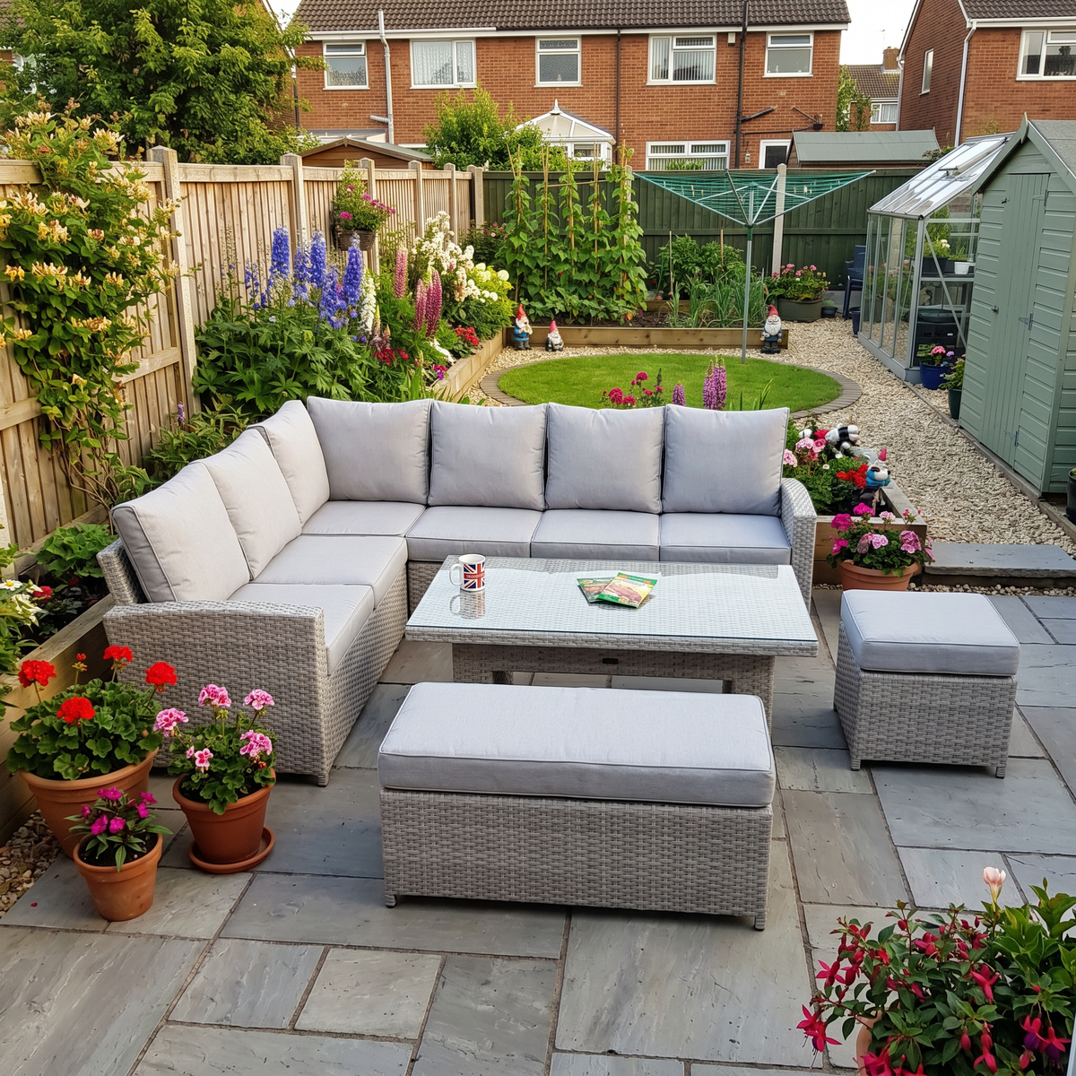 Left-Hand Corner Outdoor Garden Dining Set with Rising Table in Light Grey