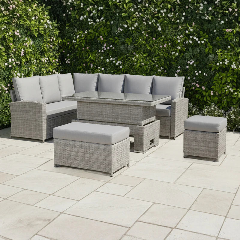Left-Hand Corner Outdoor Garden Dining Set with Rising Table in Light Grey