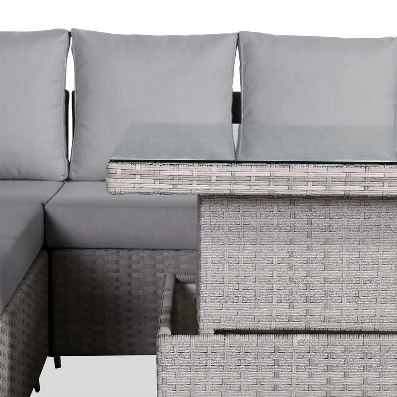 Left-Hand Corner Outdoor Garden Dining Set with Rising Table in Light Grey