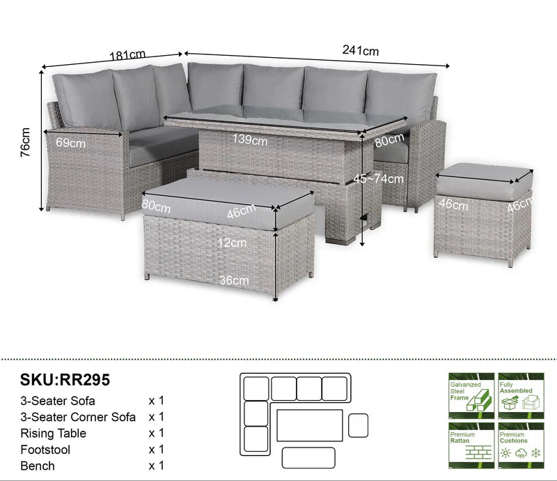 Left-Hand Corner Outdoor Garden Dining Set with Rising Table in Light Grey