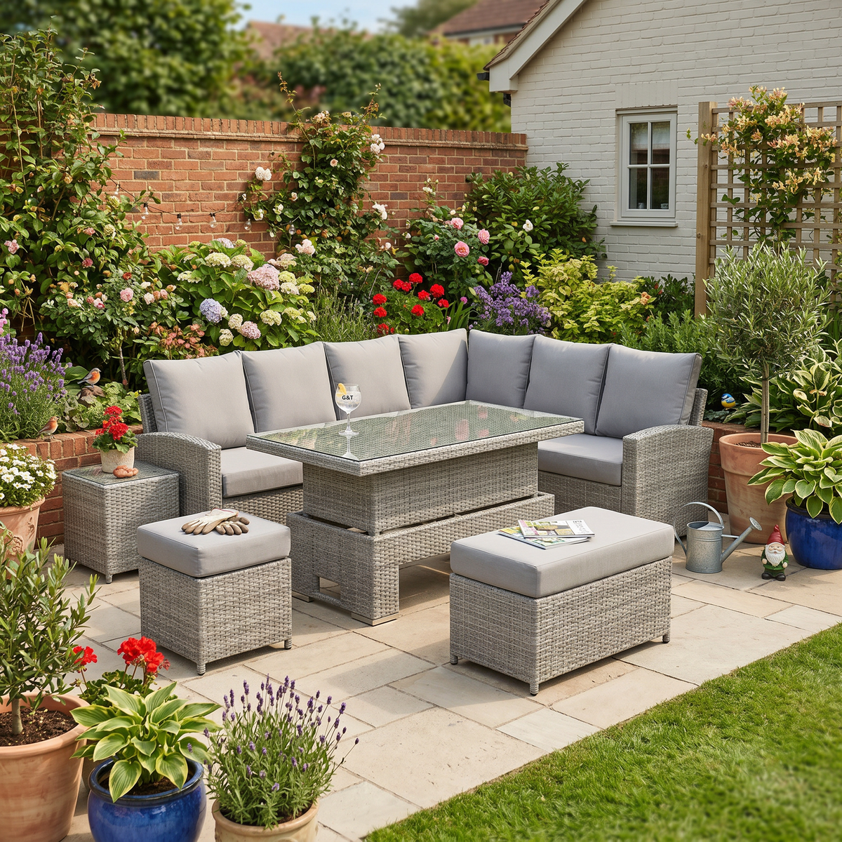 Right-Hand Corner Outdoor Garden Dining Set with Rising Table in Light Grey