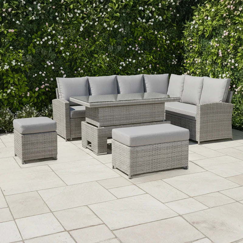 Right-Hand Corner Outdoor Garden Dining Set with Rising Table in Light Grey