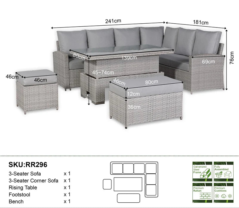 Right-Hand Corner Outdoor Garden Dining Set with Rising Table in Light Grey